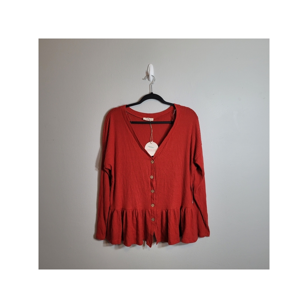 Humming Bird Orange Long Sleeve Ribbed Button Down Peplum Sweater Blouse Size M